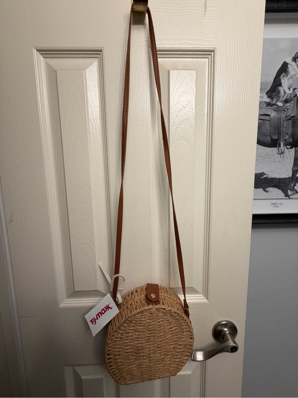 T.J.Maxx Tan Woven Round Crossbody Bag with Brown Strap